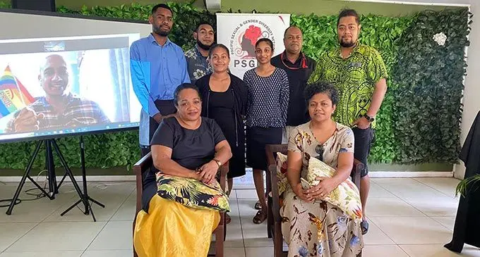 Fijian Media Association president and Fiji Sun Acting Publisher/CEO Rosi Doviverata (sitting, second from left), Fiji Sun subeditors Jeremiah Ligairi (standing, second from left), Fiji Sun managing editor - Design Naisa Koroi (standing, fifth from left) with other collegues from the media and workshop facilitators at the workshop on June 29, 2022. Photo: Pacific Sexual and Gender Diversity Network