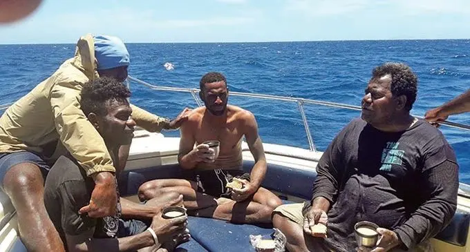 From left: Maikeli Sivo, Luke Vakatale and Viliame Uqeuqe on board a Turtle Island boat after they were rescued on November 15, 2019.  INSET: The 3 fisherman in the water with their survival kit.