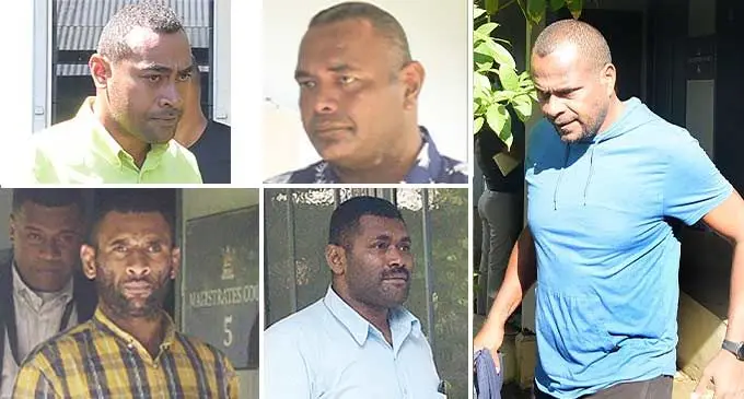 (From top-bottom)Suspended Police offcer Inoke Tikomaimalevani, Anare Buresolei, Anare Buresolei Vulaki, Suspended Police officer Samisoni Ralulu, and Suspended Police officer Roy Peter Senibici, outside Court in Suva on March 5, 2024. Photo: Ronald Kumar