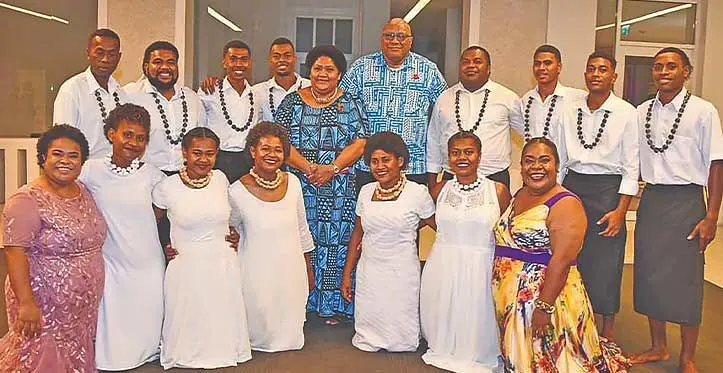 President Ratu Wiliame Katonivere and wife, Filomena with the choir who performed at the Lifeline Fiji Gala on November 4, 2023. Photo: DEPTFO