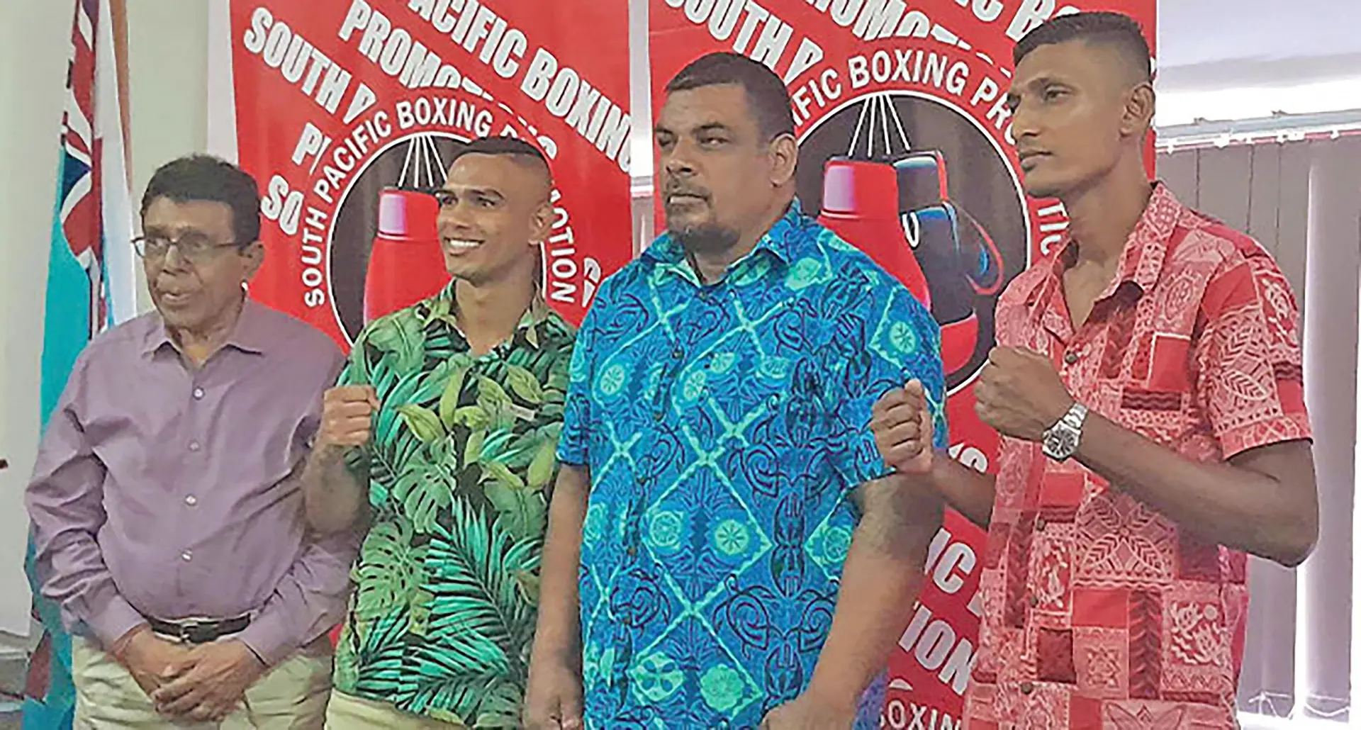 From left: Boxing Commission of Fiji chairman Adi Narayan, Ubayd Haider, promoter Fred Chand and Krishnil Mudaliar in Suva. Photo: Leone Cabenatabua