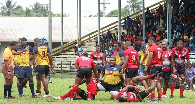 Northland hooker Dan Ligairi (facing the camera) after scoring the first try against Macuata during the Vodafone Vanua Championship at Ratu Cakobau Park, Nausori, on October 2, 2020. Photo: FRU