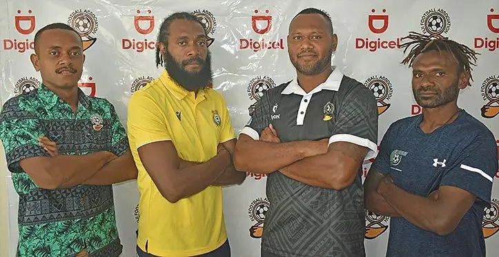 Captains of all the participating football teams (from left) Digicel Fiji U20’s Samuela Navoce, Jason Thomas of Vanuatu, Fiji’s Akuila Mateisuva, and Joses Nawo of Solomon Islands at the Ratsun Complex in Nadi on March 19, 2023. Photo: Waisea Nasokia
