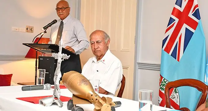 President Major-General (Ret’d) Jioji Konrote showcased a cross made of shrapnels and a half mortar round to remind guests of what peacekeepers have to deal with daily in their different areas of operations. President Konrote spoke at an event hosted by the UN Pacific in partnership with the French Embassy and Ministry for Defence, National Security and Policing as part of the Fijian Peacekeepers Memoirs project. It took place at the residence of the French Ambassador. President Konrote is pictured here with Speaker of the House Ratu Epeli Nailatikau. Photo: DEPTFO News