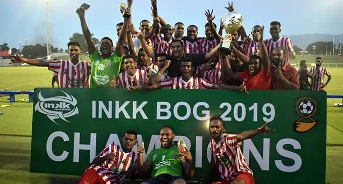 Members of the Labasa football team celebrate with their fans, team officials and friends after being crowned the 2019 INKK Mobile B.O.G. champions on August 11, 2019, in Ba.  They beat Lautoka 1-0.  Photo: Waisea Nasokia