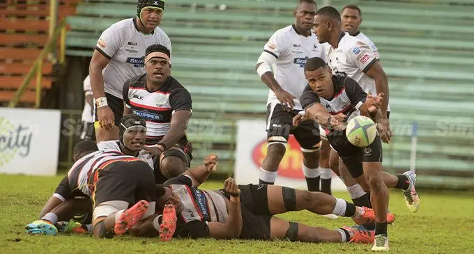 Naitasiri halfback Anasa Raqili fires out a pass as Chris Minimbi looks on against Nadroga in the Skipper Fiji Rugby Championship semifinal at Ratu Cakobau Park, Nausori, on July 23, 2022. Photo: Ronald Kumar