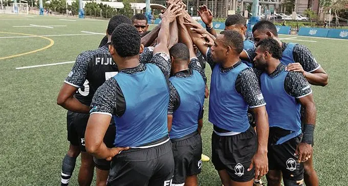 Fiji Airways Fijian 7s rep Apenisa Cakaubalavu (left), Fijian 7s legend Tomasi Cama Snr and Josua Dranisinukula at the Hong Kong Stadium on April 3, 2019. Photo: Bruce Southwick/ ZoomFiji
