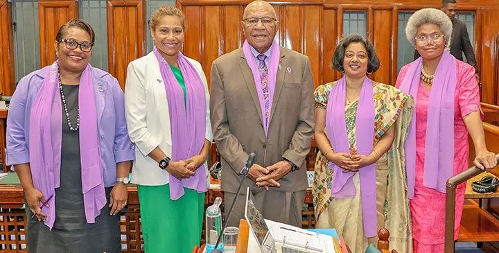 From left: Minister for Forestry and Fisheries Alitia Bainivalu, Government backbencher Lynda Tabuya, Prime Minister Sitiveni Rabuka, Minister for Women, Children and Social Protection Sashi Kiran and Assistant Minister for Foreign Affairs Lenora Qereqeretabua. Photo: Parliament of Fij