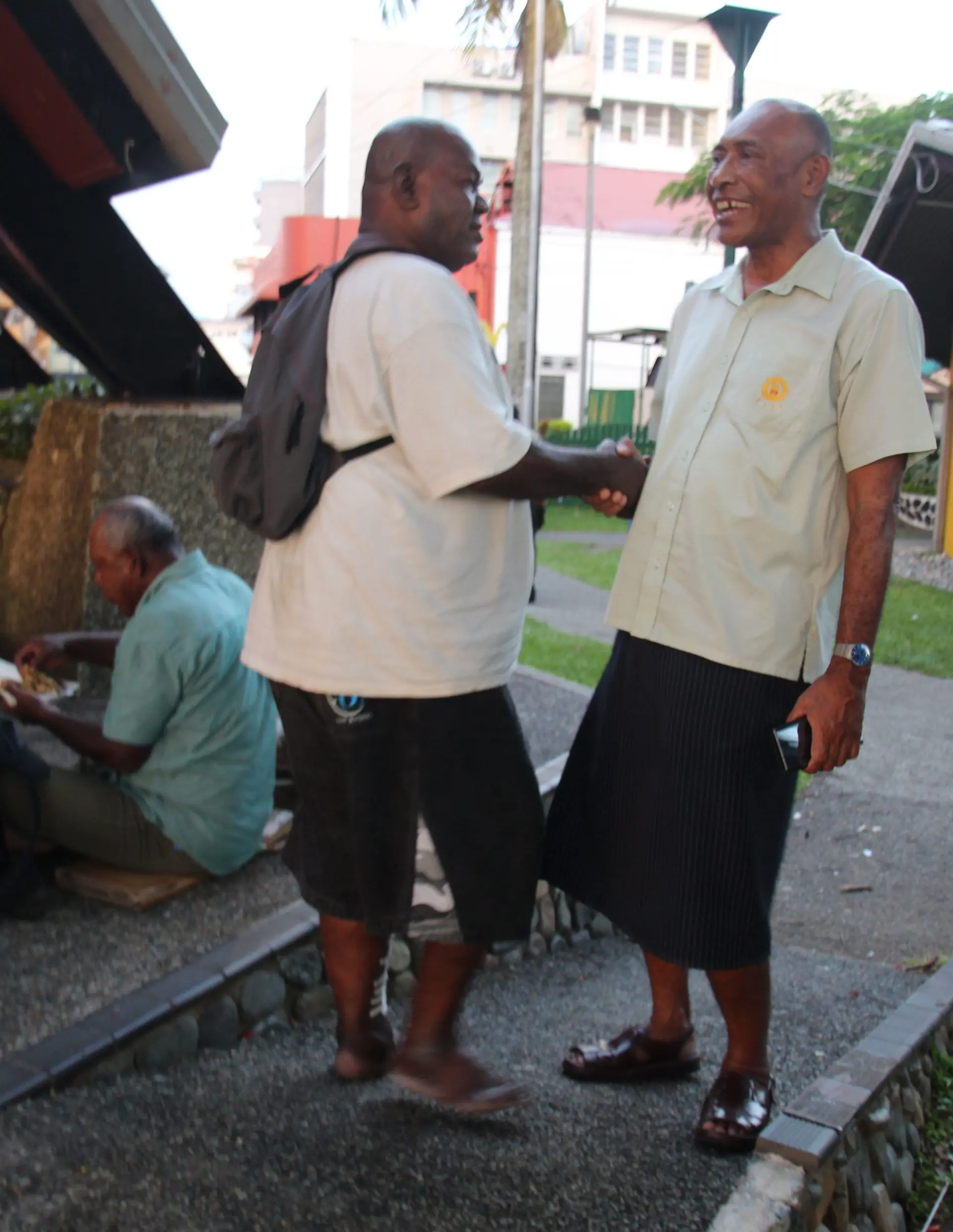 RFMF Commander Rear Admiral Viliame Naupoto meeting with one of those who were assisted by the RFMF at Ratu Sukuna Park, Suva on February 22, 2018. Photo: RFMF Media Cell.