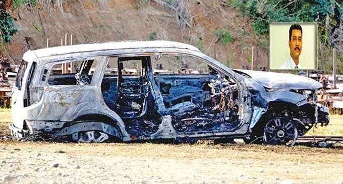 The burnt car where Salesh Chand's body found inside. insert: Salesh Chand 