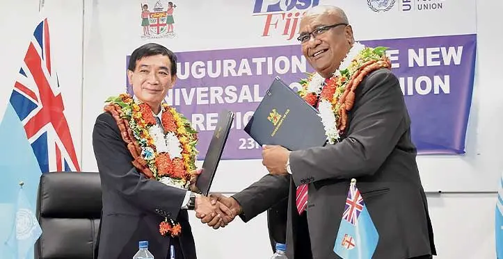 Universal Postal Union (UPU) director general (Left) and Acting Prime Minister, Manca Kamikamica, signed a host country agreement for UPU's sub-regional office at Post Fiji headquaters, Suva yesterday.