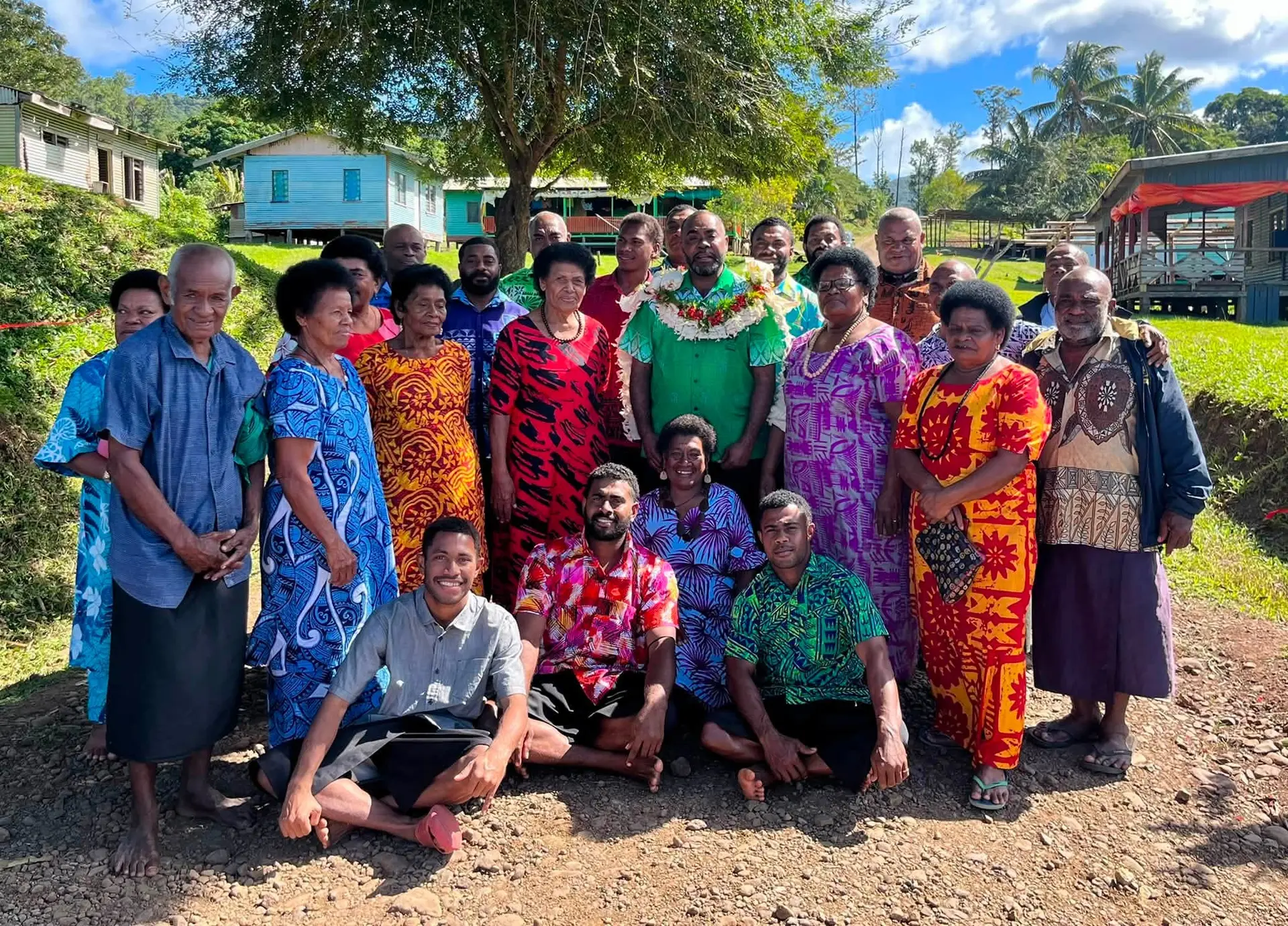 Minister for Rural and Maritime Development and Disaster Management Mosese Bulitavu (centre) is garlanded by villagers during the commissioning of the Makolei farm road in Bua on July 4, 2026.