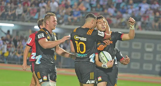 Chiefs captain Sam Cane (left) celebrates another try against the Crusaders with his teammates at Suva’s ANZ Stadium on June 1, 2019. Photo: Ronald Kumar