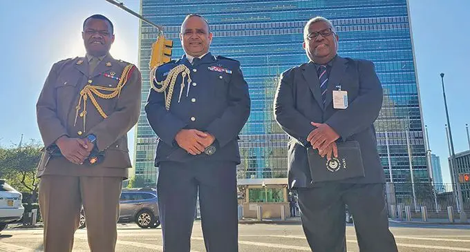 Fiji’s Commissioner of Police, Brigadier-General Sitiveni Qiliho (middle) with Military and Police Liaison Officer to the UNHQ based at Fiji Mission of PRUN Lieutenant Colonel Neumi Vakadewabuka and Director International Relations SSP Ulaiasi Ravula in front of the United Nations headquarters in New York while attending the UNCOPS 2022 Summit. Photo: Fiji Police Force