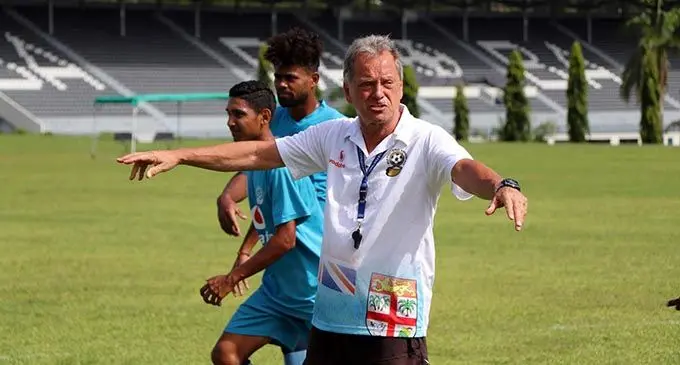 Vodafone Fijian football coach, Flemming Serritslev  directs the players during one of the national football team’s training sessions at the newly constructed Govind Park, Ba, in late February. Photo: FFA Media 