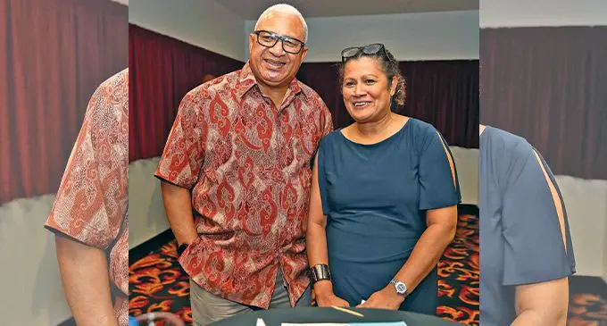 Prime Minister, Voreqe Bainimarama, and Bula Outsourcing chief executive officer, Josie Prasad, during the launch of the company at Damodar Event Cinemas on April 6, 2022 . Photo: DEPTFO News