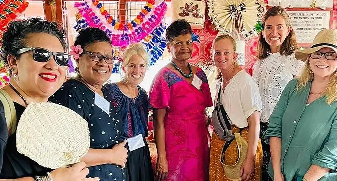 Mareta Sala Tagivakatini (4th from left) with the Global Fund for Women and Transcend Oceania members during the visit to Labasa Handicraft Centre on October 20, 2022.