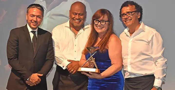 From left: Sofitel Fiji Resort and Spa Vincent Marquet, Rosie Holidays general manager Eroni Puamau, creative director Brigid Whitton and Managing director Tony Whitton at the ANZ Fiji Excellence Tourism Awards night on February 25, 2023. Photo: Waisea Nasokia