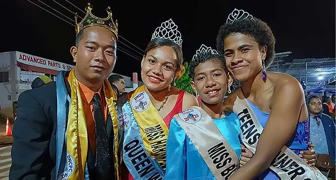 Digicel Duavata Northern Crime Prevention Carnival winners. Fom left: Duavata King Eria Binatake, Duavata Queen Lavenia Vuidreketi, Miss Princess Lucia Vaseva and Miss Teen Suliana Latianara at Subrail Park in Labasa on July 15, 2023. Photo: Shratika Naidu