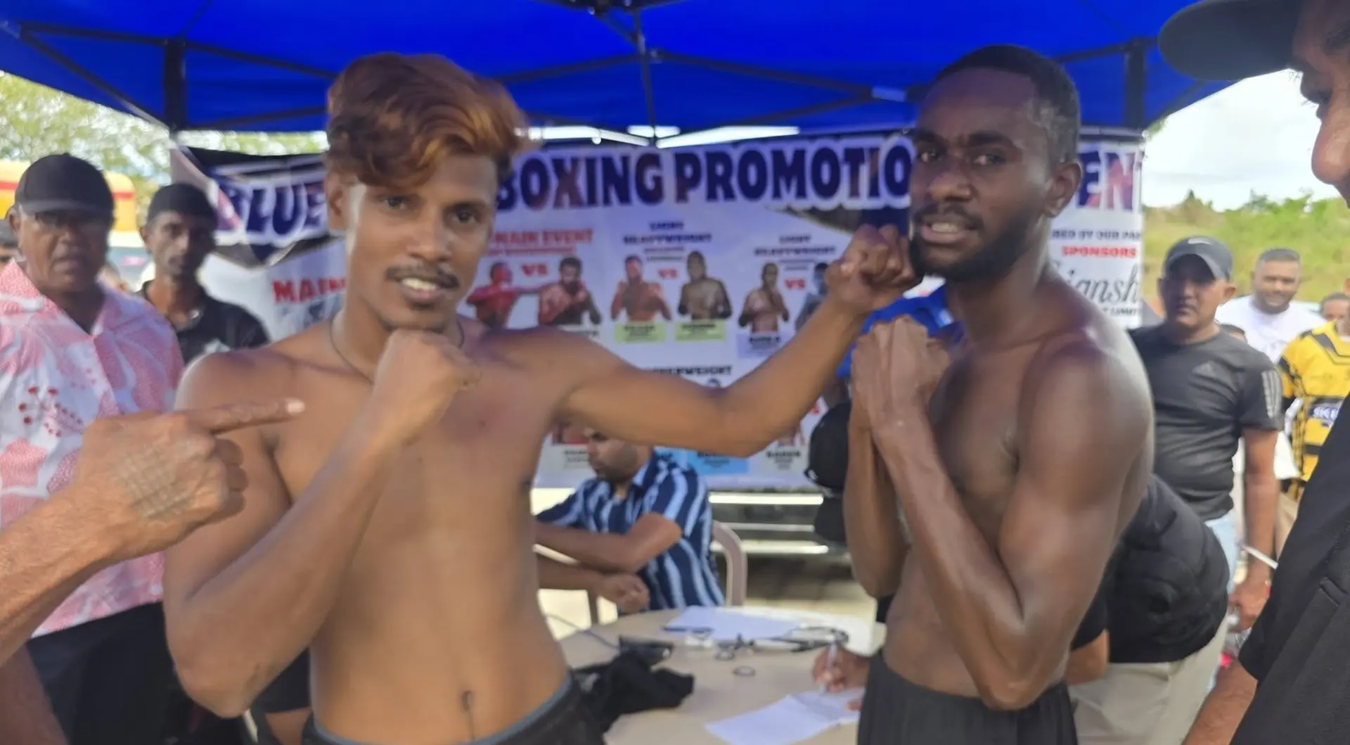 Jone Tabuarua (right) during the Bluewater Boxing Promotion official weigh-in against Mohammed Ali on May 22, 2026 in Sigatoka. Tabuarua won on points. Photo: Bluewater Promotions.