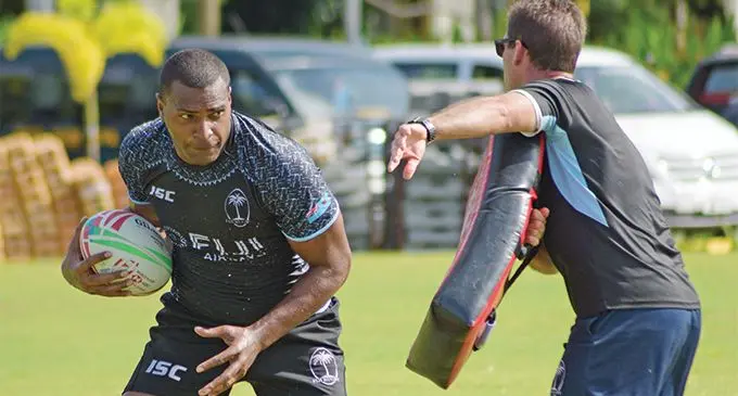 Fiji Airways Fijian 7s forward Josua Vakurinabili on the burst as coach Gareth Baber directs him during training at Albert Park, Suva on March 20, 2019. Photo: Ronald Kumar