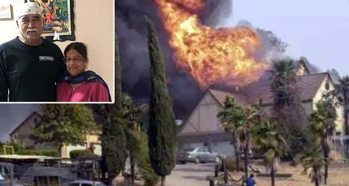 Gulchat Singh house in flames. Inset: Gulchat Singh with his wife.