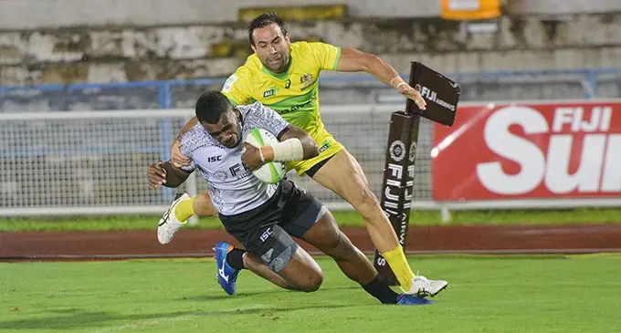 Fiji Airways Fijian 7s forward Kavekini Tabu scores their lone try against Australia during the Oceania 7s Championship men’s final at the ANZ Stadium, Suva on November 9, 2019. Tabu is expected to make his debut in the World Sevens Series in Dubai. Photo: Ronald Kumar