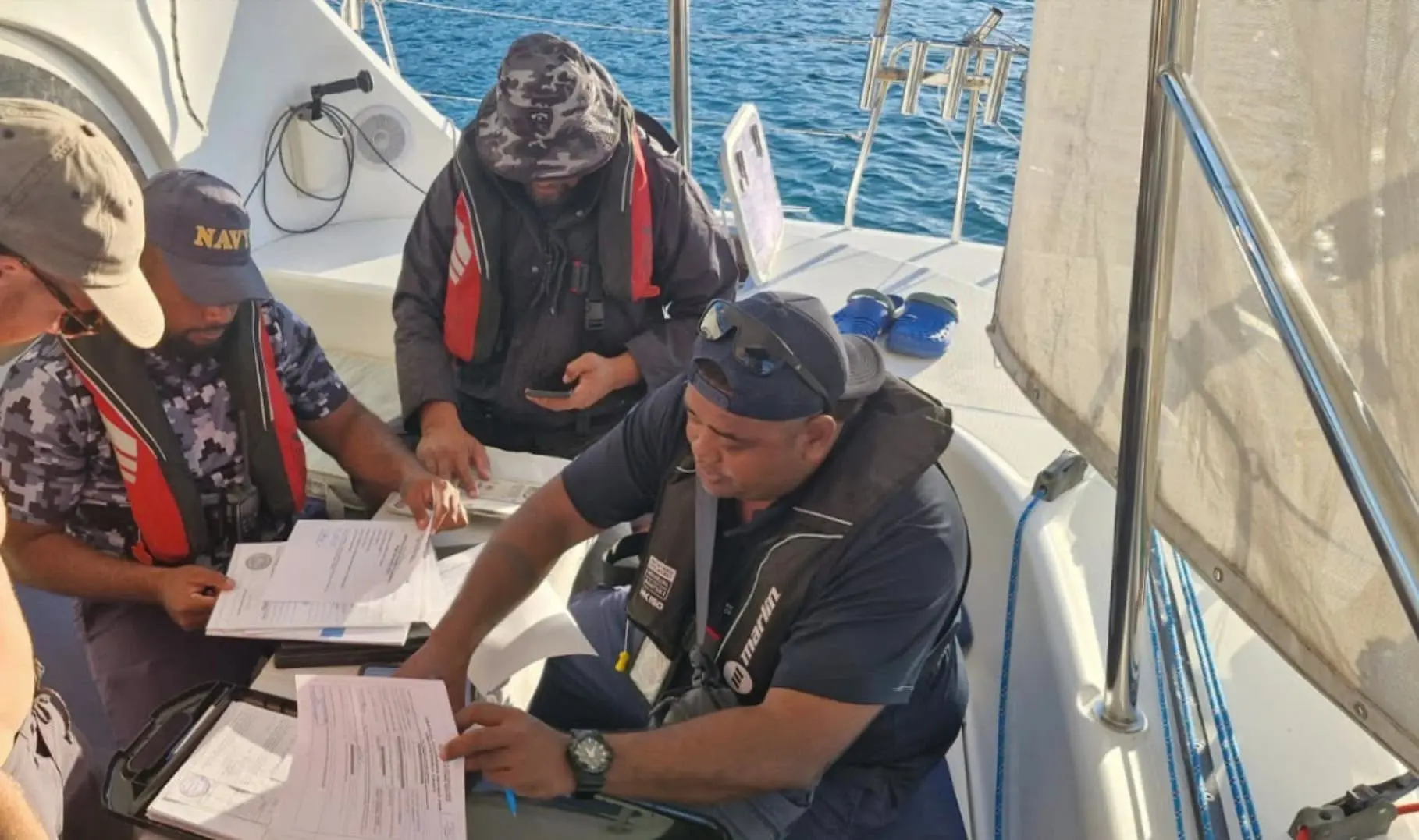 Joint maritime security operations continue in the Lau Group this week, with the RFNS Savenaca, Naval Divers and Hydrographic pers working alongside the Fiji Police Force and Fiji Revenue and Customs Service.