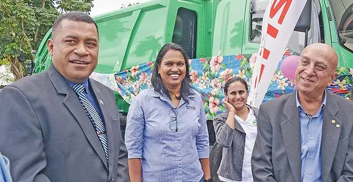 From Left: Minister for Housing and Local Govt Maciu Katamotu, Nasinu and Nausori CEO Anurashika Bar, Savusavu Town Council CEO Seema Dutt with Nausori Town Council Special Administrator Chair Uma Kant Patel during the handing over of compactor trucks on August 3, 2023. Photo: Ronald Kumar