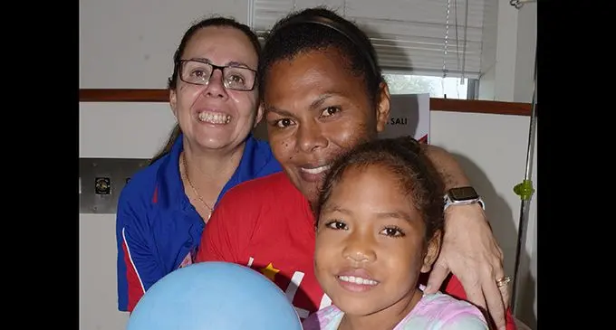 Open Heart International nurse team leader Tania Marques (from left) with Emele Vunibola and her 7-year-old daughter Tamarisi Sali before her surgery at the Colonial War Memorial Hospital on May 28, 2019.  Photo: Ronald Kumar