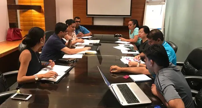 WE’RE READY FOR BIG MEETING IN MANILA... Attorney-General and Minister for Economy Aiyaz Sayed-Khaiyum (second from left) leads a Fijian delegation meeting in Manila yesterday ahead of the big Asian Development Bank annual general meeting. Photo: Maraia Vula