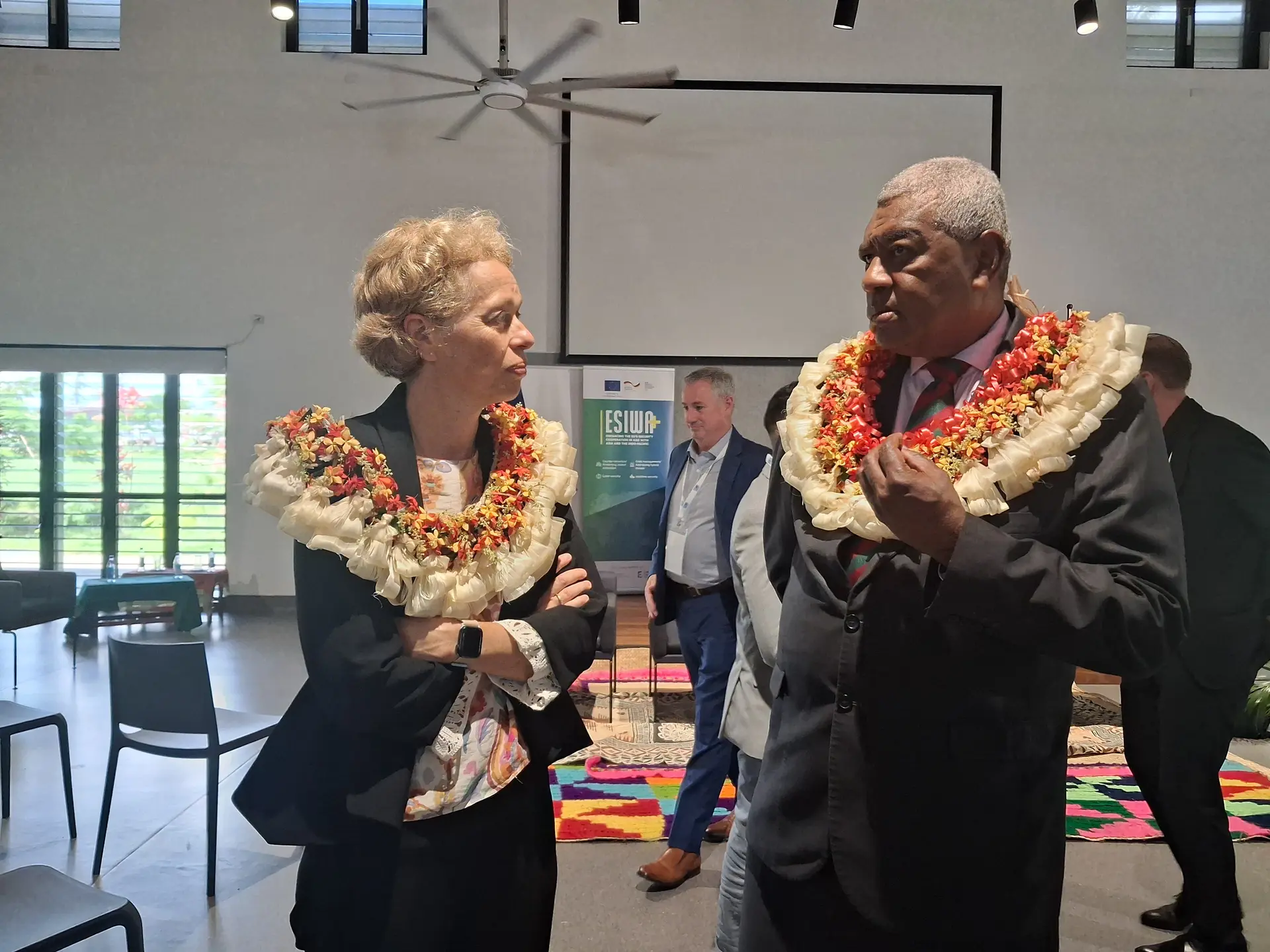 European Union Ambassador to the Pacific Barbara Plinkert with Minister for Defence and Veteran Affairs Pio Tikoduadua with the delegates.