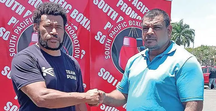 Heavyweight boxer Puna Rasaubale (left) and South Pacific Boxing Promotion promoter Fred Chand in Nadi on October 7, 2023. Photo: Supplied