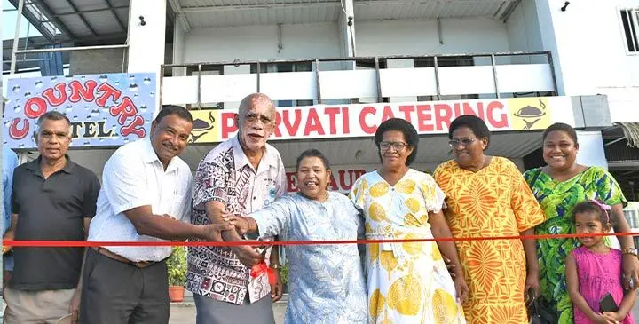From left: Vishnu Krishna, property owner Ben Krishna, Ratu Vuniyani Navuniuci, Parvati Devi, Mere Bolavucu Navuniuci, Torika Batiki, Makelesi Tamani, and Adi Mere Bolavucu Dawai, during the opening of the Country Hotel in Nadi. Photo: Waisea Nasokia