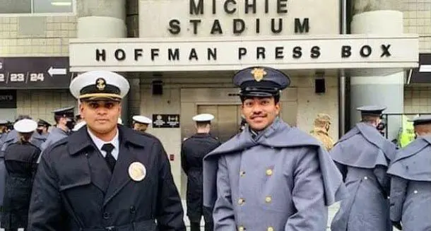 Midshipmen Adrian Siu Narayan and Officer cadet Max Delai at the West Point stadium in the U.S. Photo: U.S. Defense Attaché Constantine Panayiotou