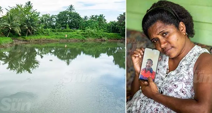 Wainibokasi River where the late Joseph Steven Smith’s body  was found and Litia Naivalulevu Smith with a picture of her husband. Photos: Leon Lord