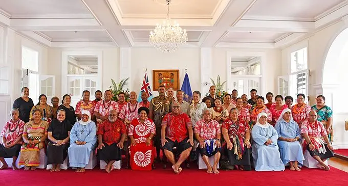 President Ratu Wiliame Katonivere (seated 7th from left), and Archbishop-elect, Reverend Sione Silongo Uluilakepa (seated 8th from left) with the delegation from the Anglican Diocese of Polynesia at the State House in Suva on March 9, 2023. Photo: DEPTFO News