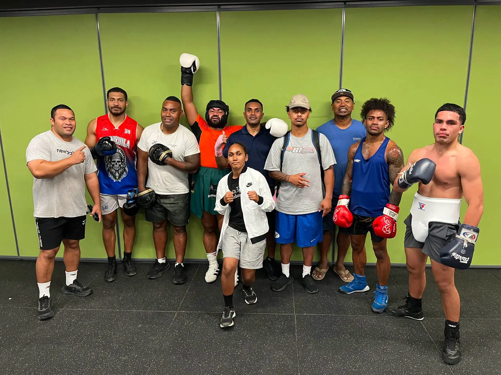 Laite Nanovu (front centre) with members of Team Brave on July 8, 2026. Photo: Boxing Brave
