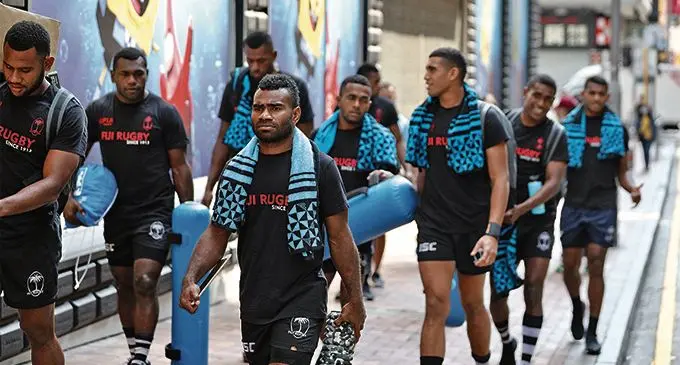 Fiji Airways Fijian 7s players after their gym session in Hong Kong on April 2, 2019. Front (left-right): Vilimoni Botitu, Jerry Tuwai. Second row (left-right): Asaeli Tuivoka, Sevuloni Mocenacagi, Terio Tamani, Meli Derenalagi. Back: Aminiasi Tuimaba and Apenisa Cakaubalavu. Photo: ZoomFiji/ Bruce Southwick. 