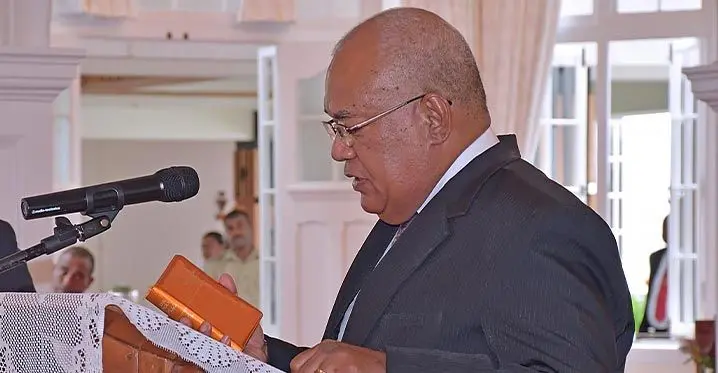 High Court Judge Justice Salesi Temo being sworn in as Acting Chief Justice at the State House on February 2, 2023. Photo: Fiji Government
