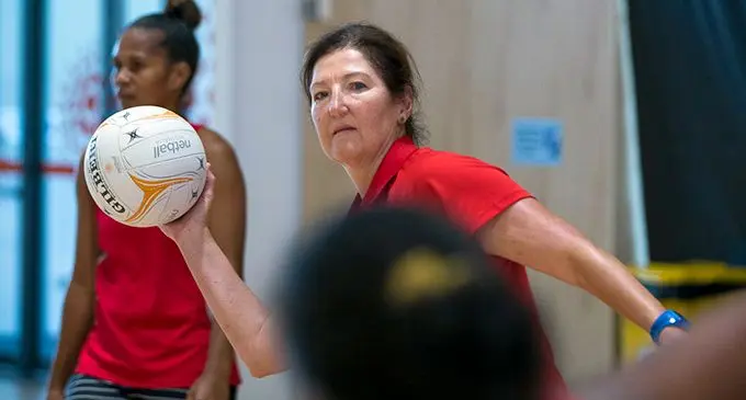 Fijian Pearls head coach Vicki Wilson  works with the players in Darwin, Australia on May 2, 2019. Photo: Arafura Games