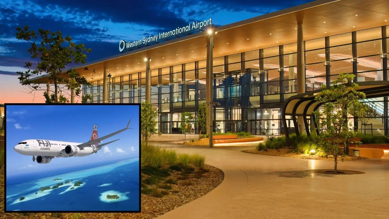 Western Sydney International Airport in Australia. Inset: Fiji Airways Boeing 737 MAX 8 