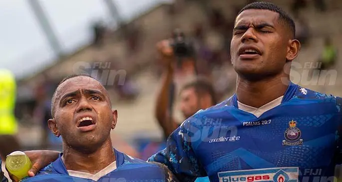 Police Blue (from left) Waisea Nacuqu and Apenisa Cakaubalavu after winning the first leg of the Super Sevens Series at Lawaqa Park, Sigatoka, on January 23, 2021. Nacuqu will be playing for the national 7s team at this weekend’s Mobil Uprising 7s tournament. Photo: Leon Lord