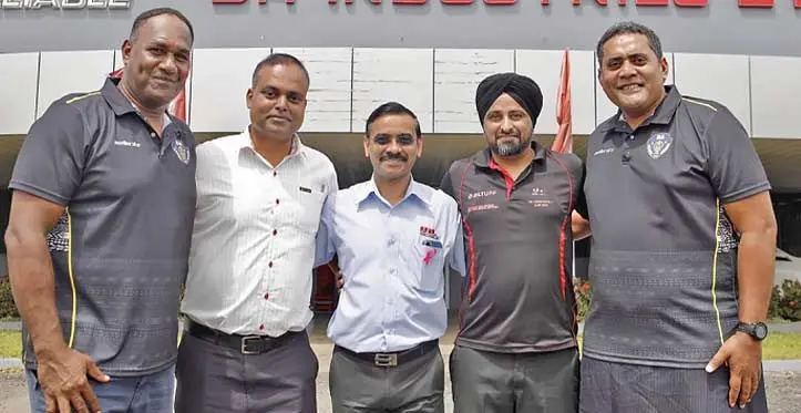 Vilimoni Delasau and Ba Rugby Union Secretary Gaby Kautoga flanking Ba Industries Ltd staff - Rohit Singh (Marketing Manager), Sanjay Badgujar (General Manager) and Manpreet Singh (Product Category Manager). Photo: Ba Rugby Union