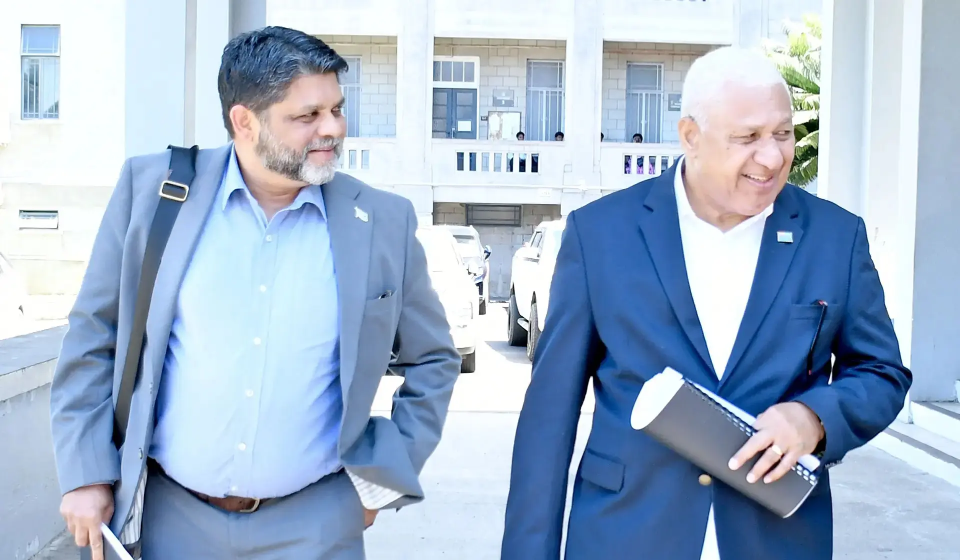Former Attorney-General Aiyaz Sayed-Khaiyum and former Prime Minister Voreqe Bainimarama outside the High Court in Suva. 