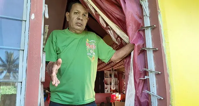 Sita Ram Mandir committee President Niranjan Singh shows the damage to the temple in Calia Road, Navua on July 22, 2019.  Photos: Ronald Kumar