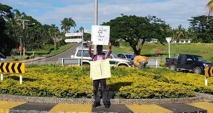 Shay Sabran Shahafi standing at the roundabout entry into Lautoka city on March 10, 2021. Photo: Nicolette Chambers