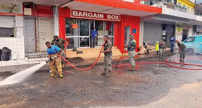 Soldiers from the 3rd Battalion Fiji Infantry Regiment (3FIR), Echo Company based at the Duke of Edinburgh Barracks in Lautoka were deployed to assist the National Fire Authority in the cleanup of Ba Town this week. Photo: RFMF Media Cell