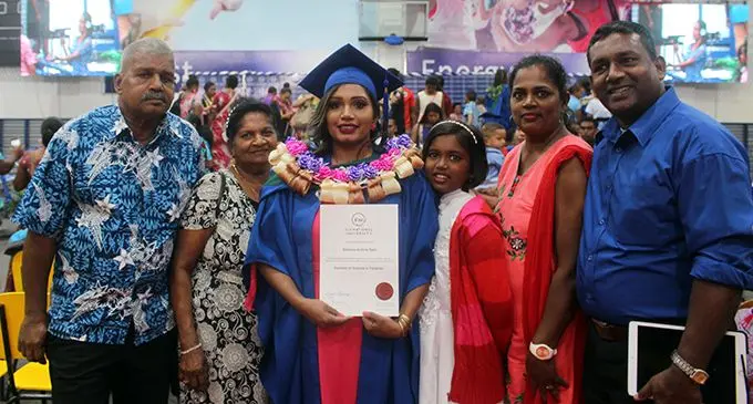 Graduate Arishma Ram with her family after the FNU graduation at FMF Gymnasium Suva on  May 3,2019.  Photo: :Simione Haravanua