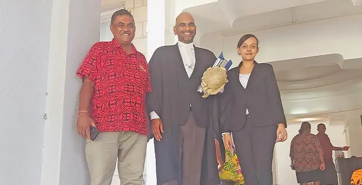 Former FijiFirst Member of Parliament Vijendra Prakash with his lawyers Siddharth Nandan and Shahina Dean at the courthouse in Suva on January 26, 2023. Photo: Ashna Kumar